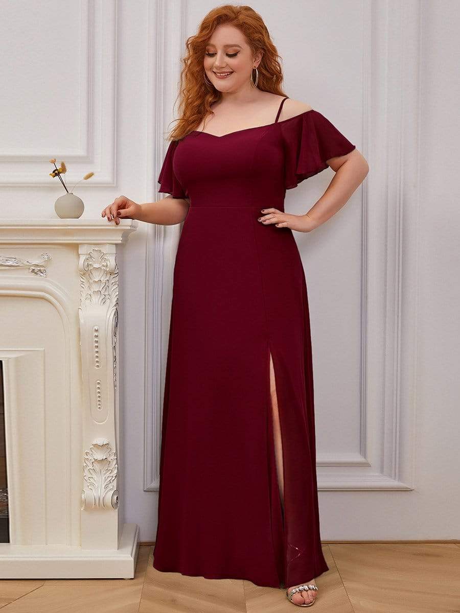 Plus Size Cold Shoulder Maxi Dress with Side Slit #color_Burgundy