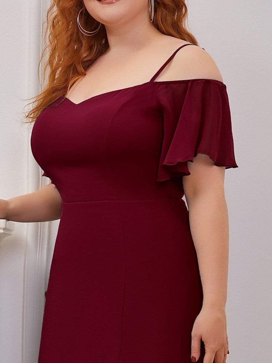 Plus Size Cold Shoulder Maxi Dress with Side Slit #color_Burgundy