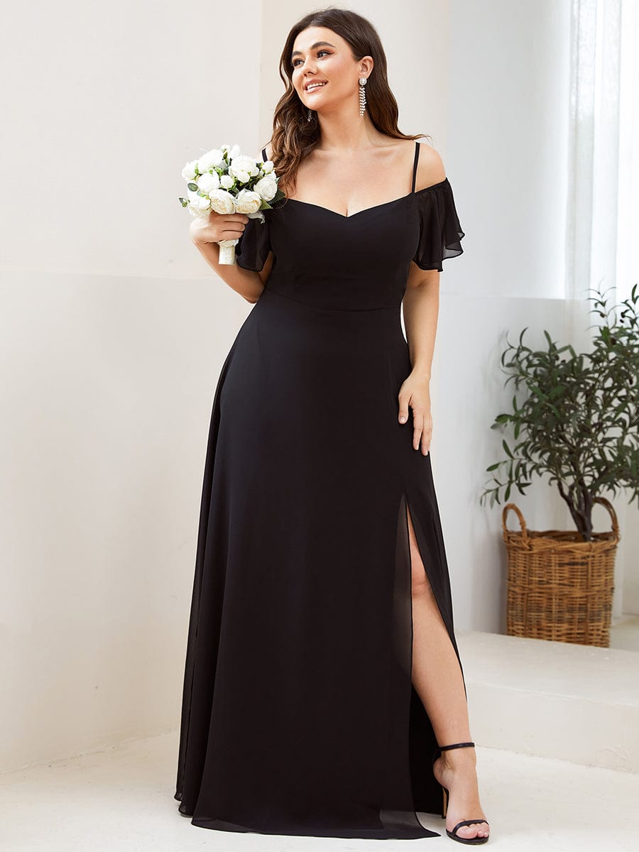 Plus Size Cold Shoulder Maxi Dress with Side Slit #color_Black