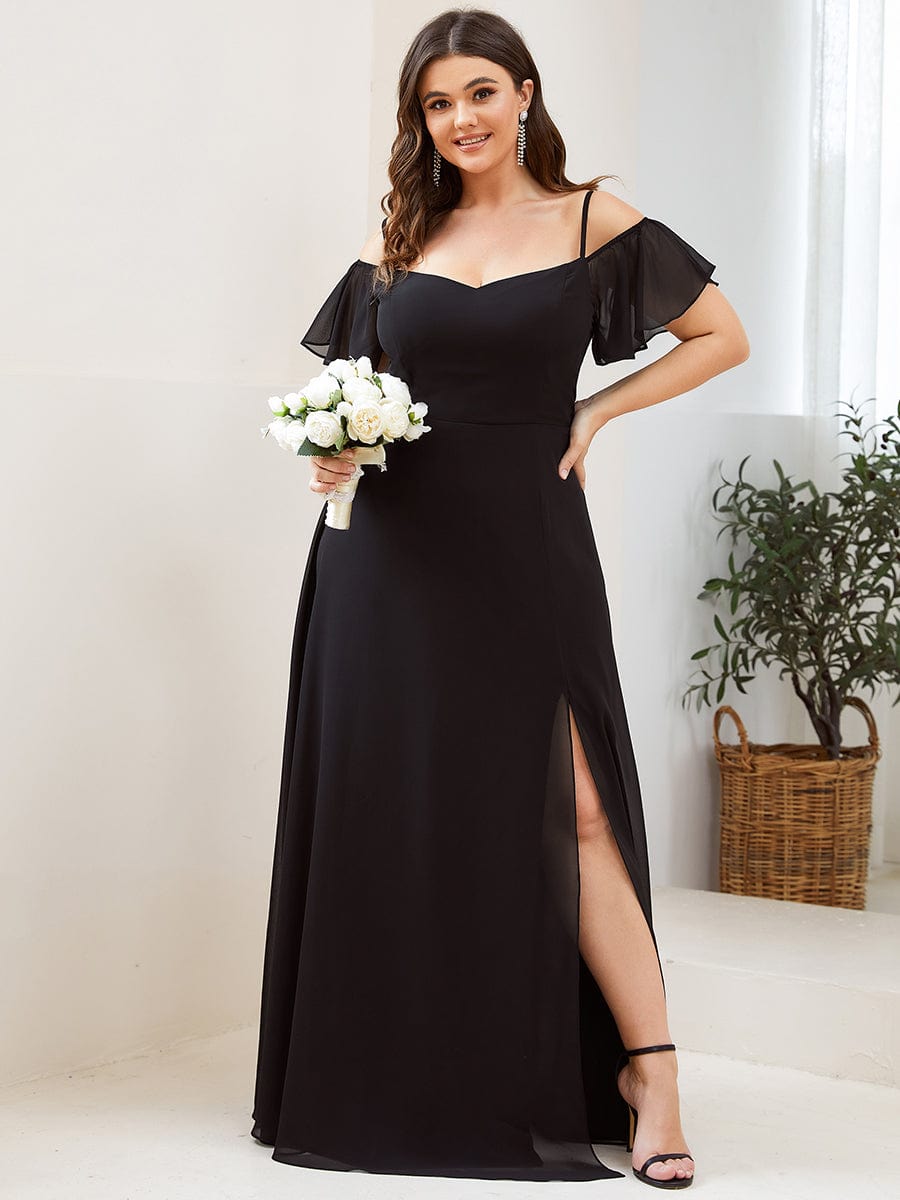 Plus Size Cold Shoulder Maxi Dress with Side Slit #color_Black