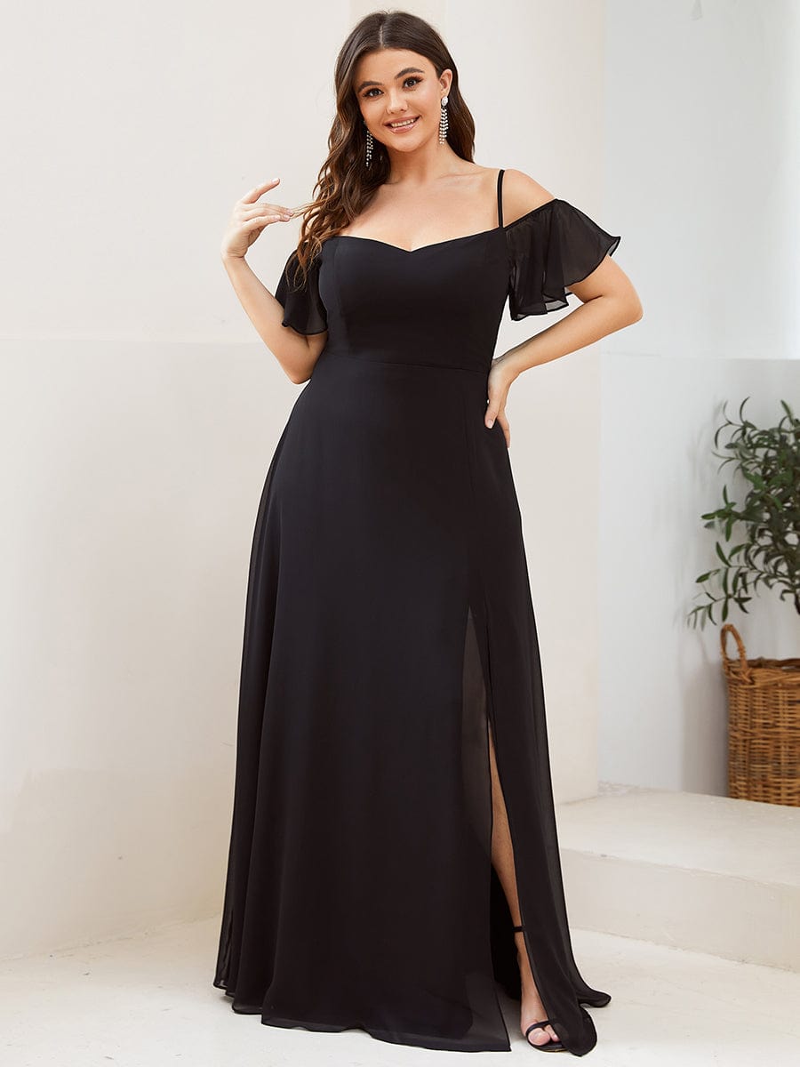 Plus Size Cold Shoulder Maxi Dress with Side Slit #color_Black