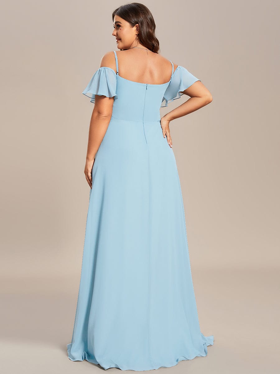 Plus Size Cold Shoulder Maxi Dress with Side Slit #color_Sky Blue