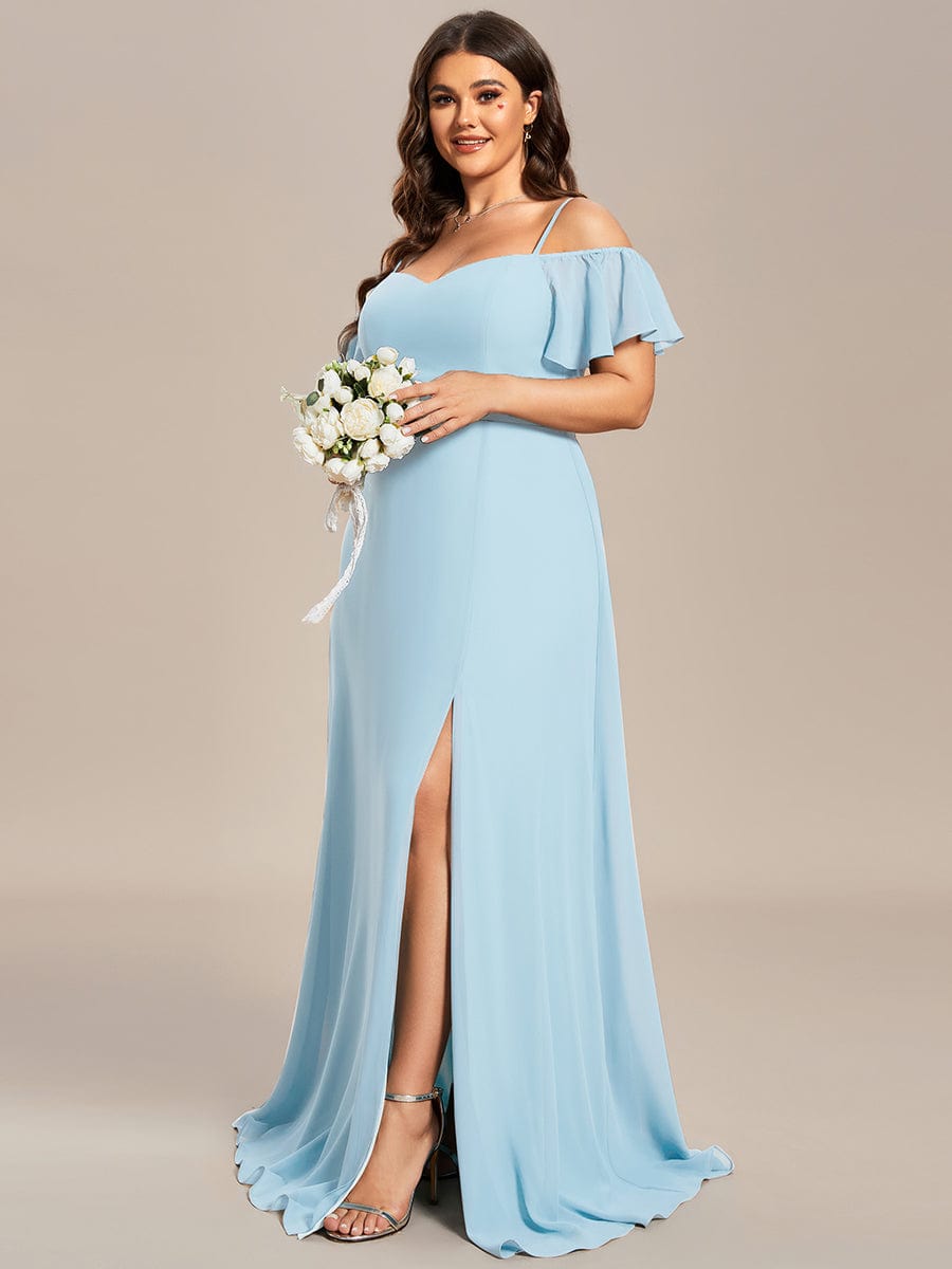 Plus Size Cold Shoulder Maxi Dress with Side Slit #color_Sky Blue