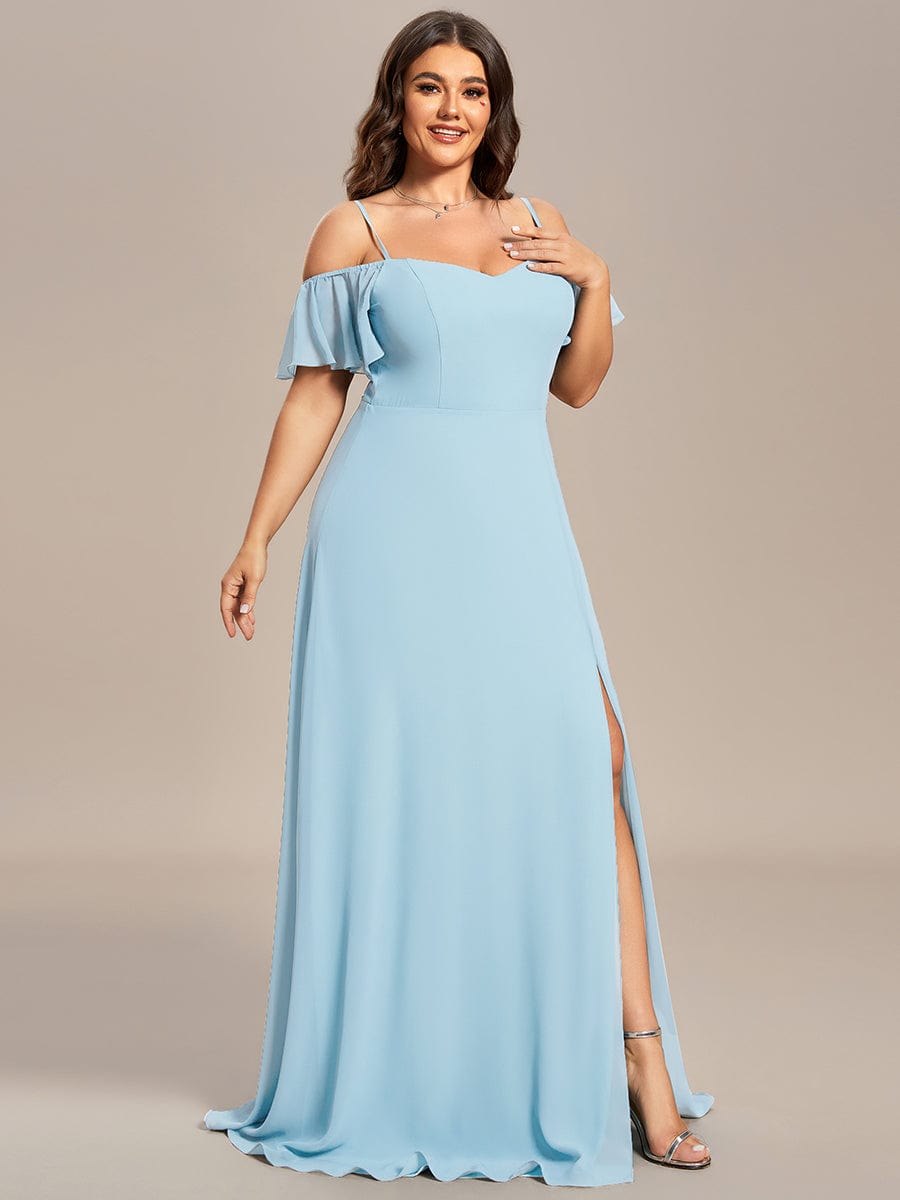 Plus Size Cold Shoulder Maxi Dress with Side Slit #color_Sky Blue