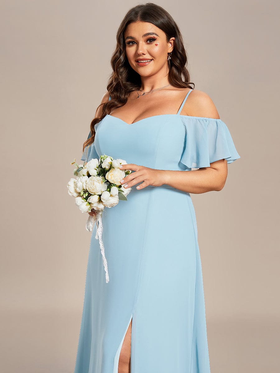 Plus Size Cold Shoulder Maxi Dress with Side Slit #color_Sky Blue