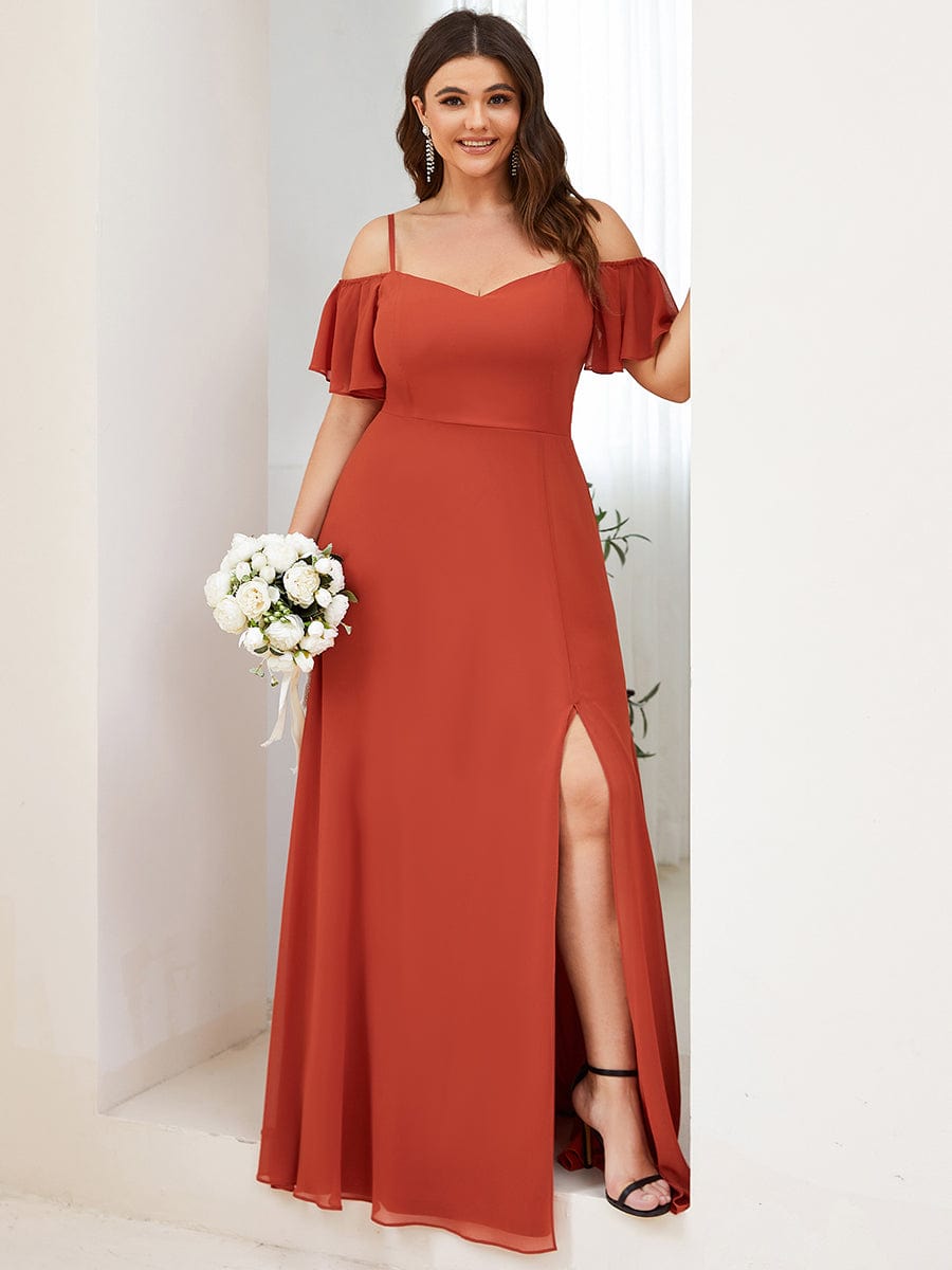 Plus Size Cold Shoulder Maxi Dress with Side Slit #color_Burnt Orange