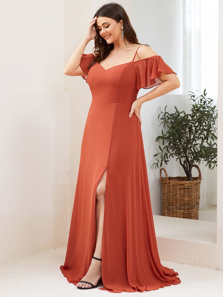 Plus Size Cold Shoulder Maxi Dress with Side Slit #color_Burnt Orange