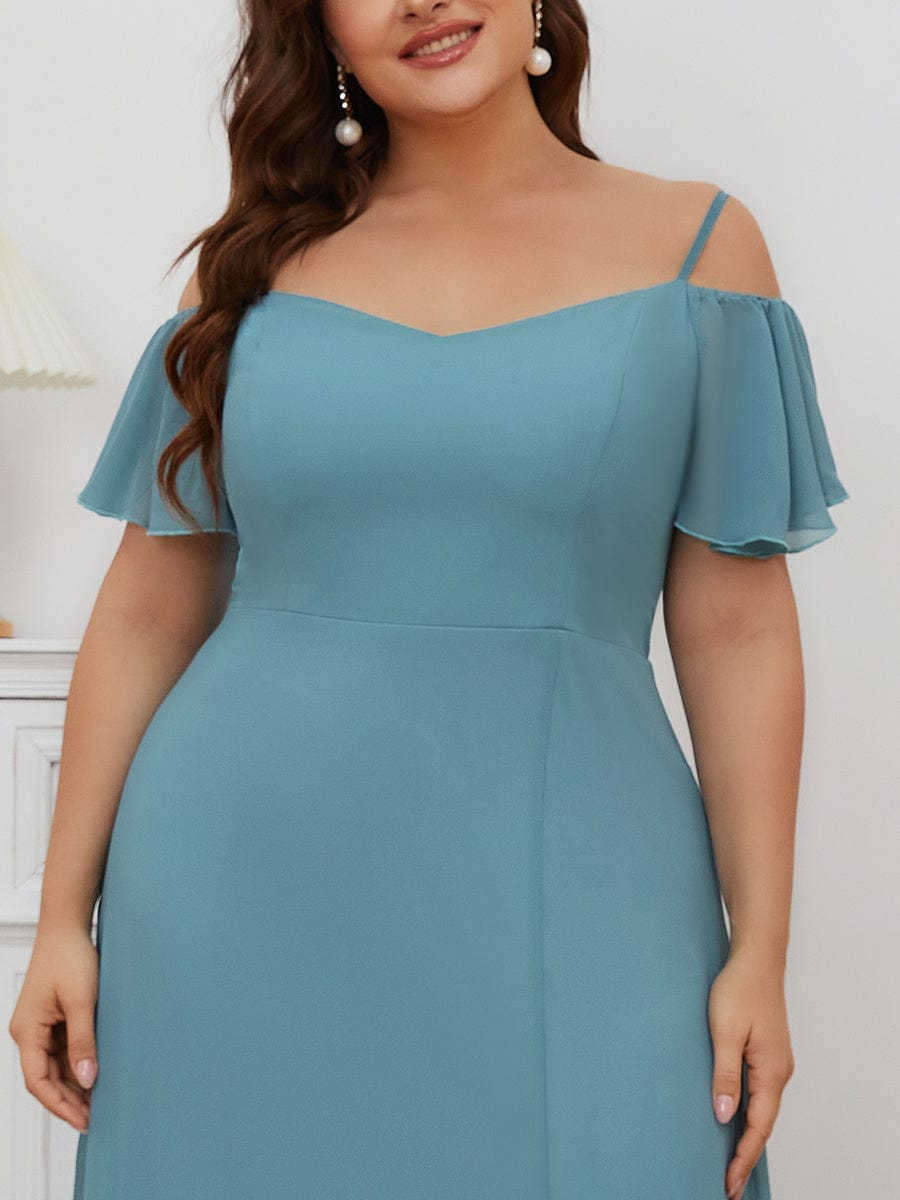 Plus Size Cold Shoulder Maxi Dress with Side Slit #color_Light Teal