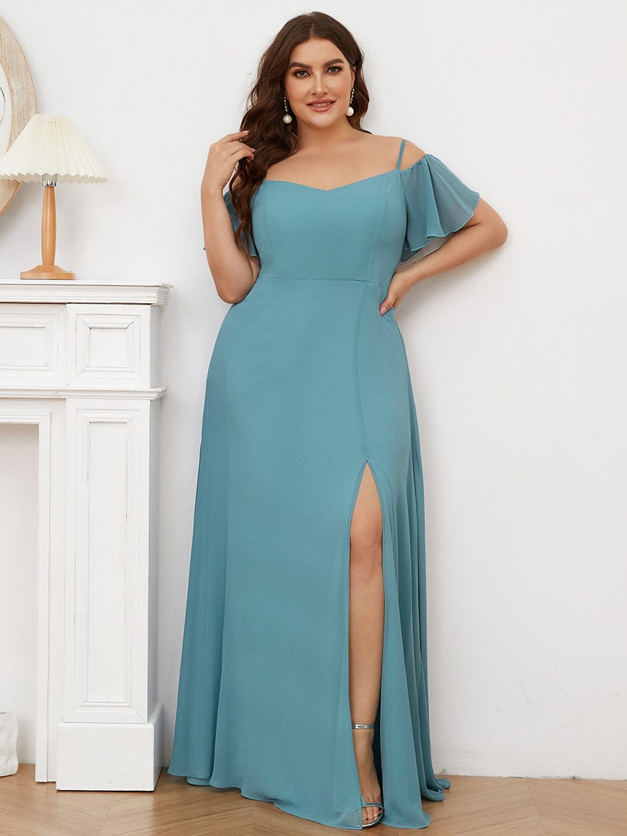 Plus Size Cold Shoulder Maxi Dress with Side Slit #color_Light Teal