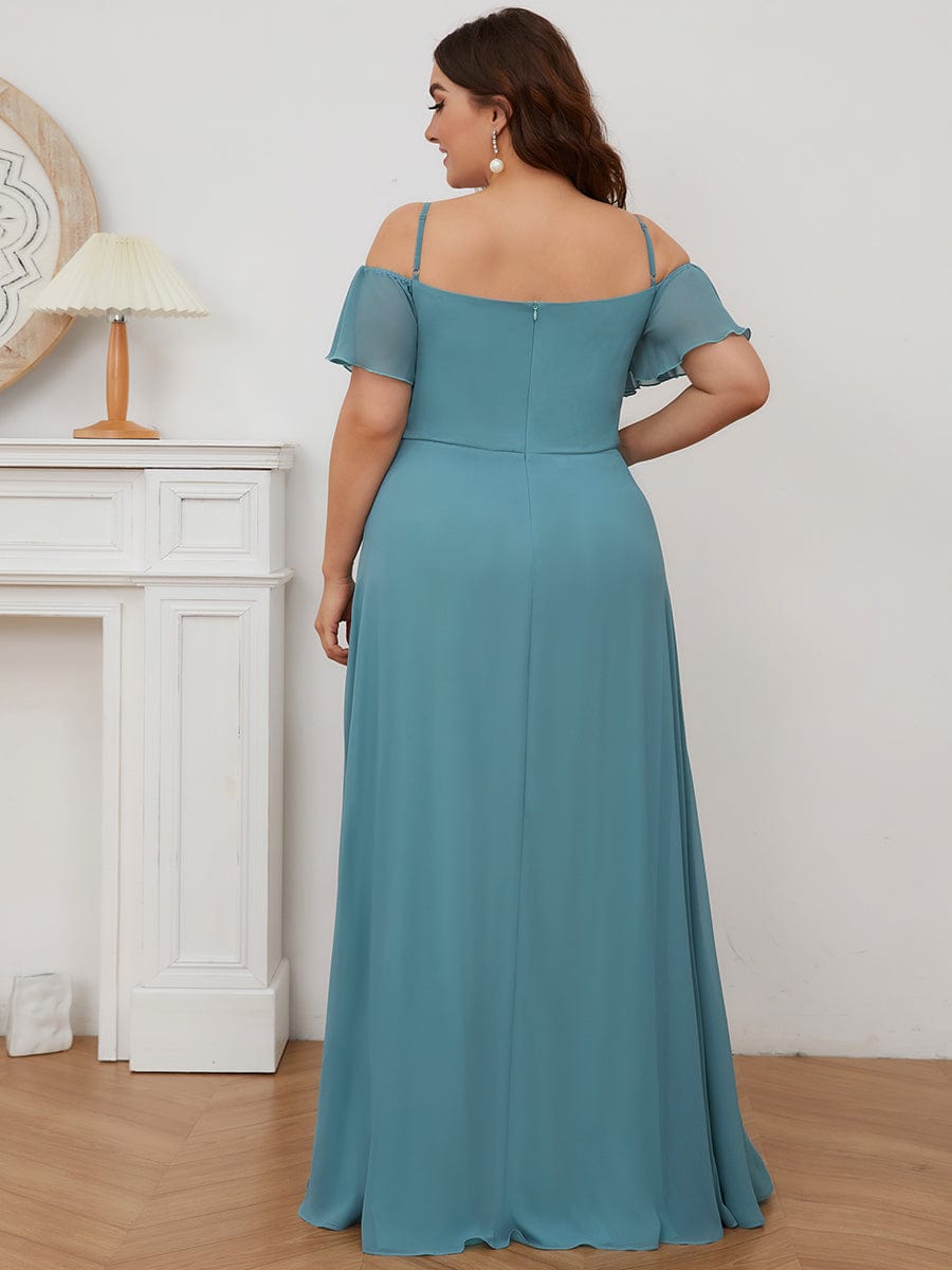 Plus Size Cold Shoulder Maxi Dress with Side Slit #color_Light Teal