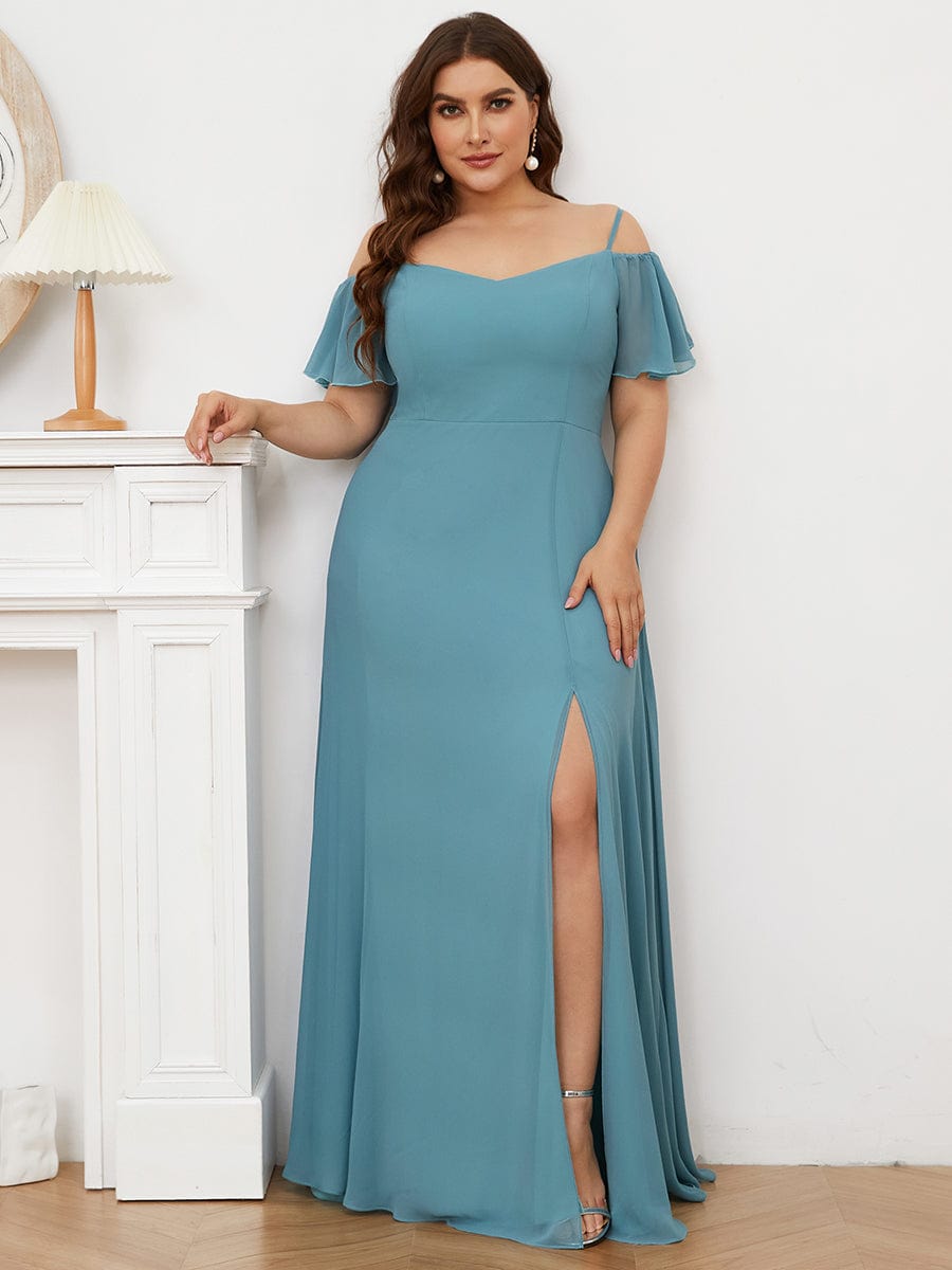 Plus Size Cold Shoulder Maxi Dress with Side Slit #color_Light Teal