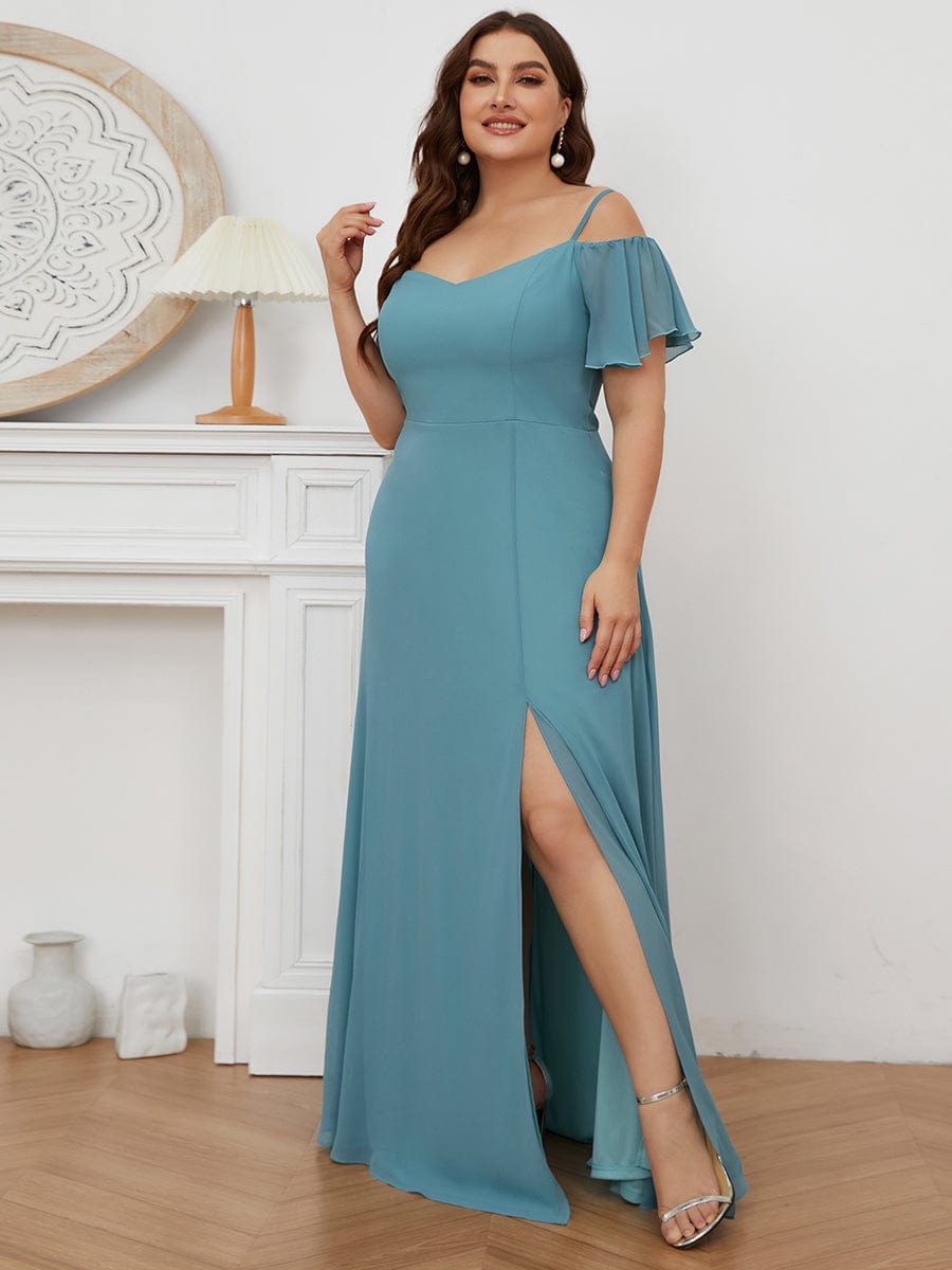 Plus Size Cold Shoulder Maxi Dress with Side Slit #color_Light Teal