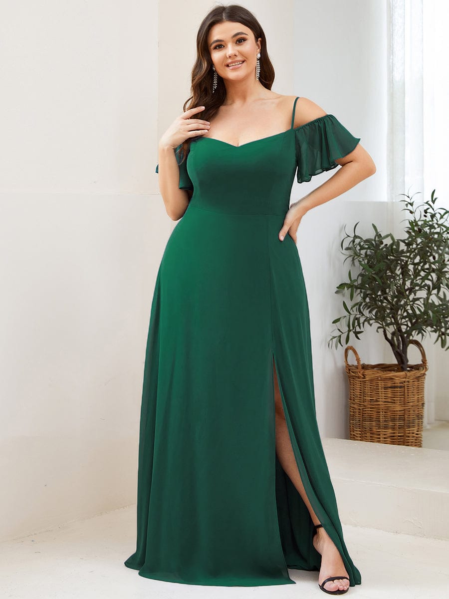 Plus Size Cold Shoulder Maxi Dress with Side Slit #color_Dark Green