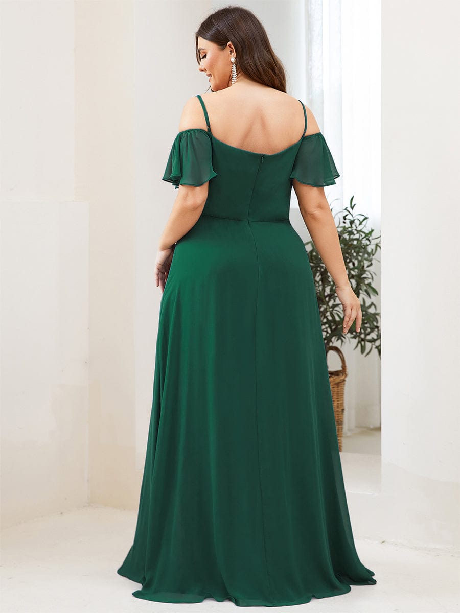 Plus Size Cold Shoulder Maxi Dress with Side Slit #color_Dark Green