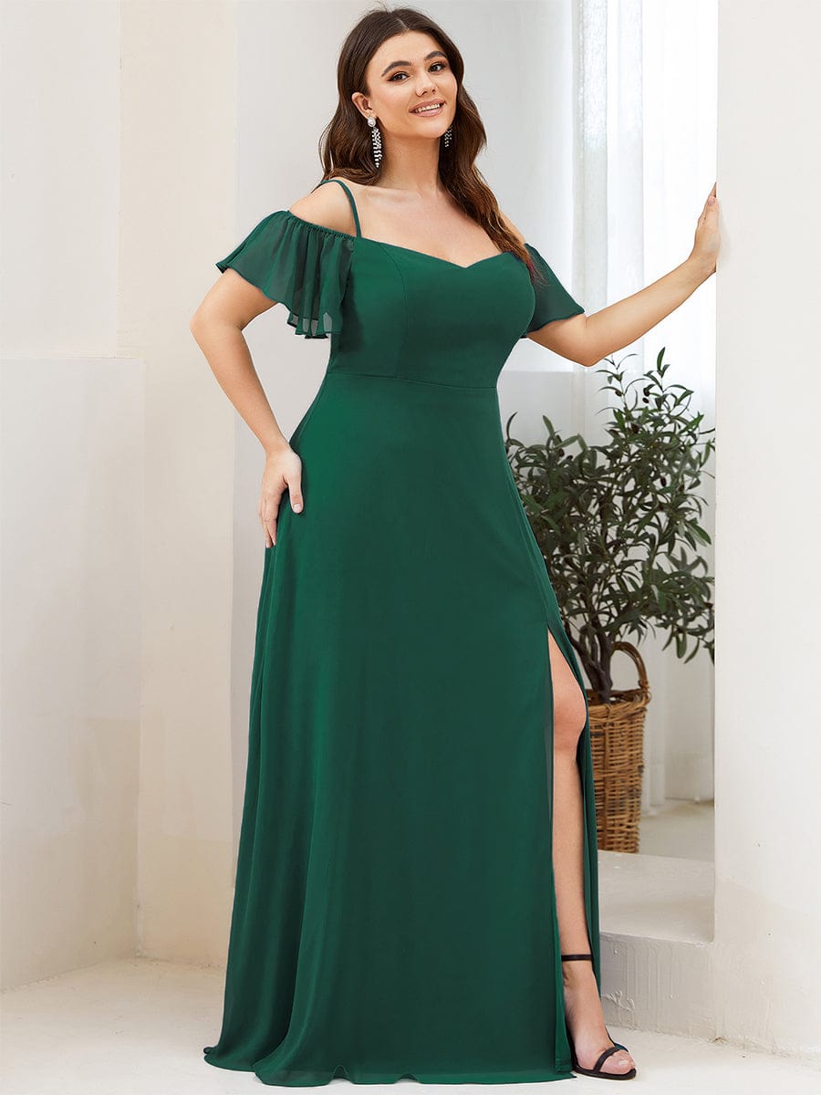 Plus Size Cold Shoulder Maxi Dress with Side Slit #color_Dark Green