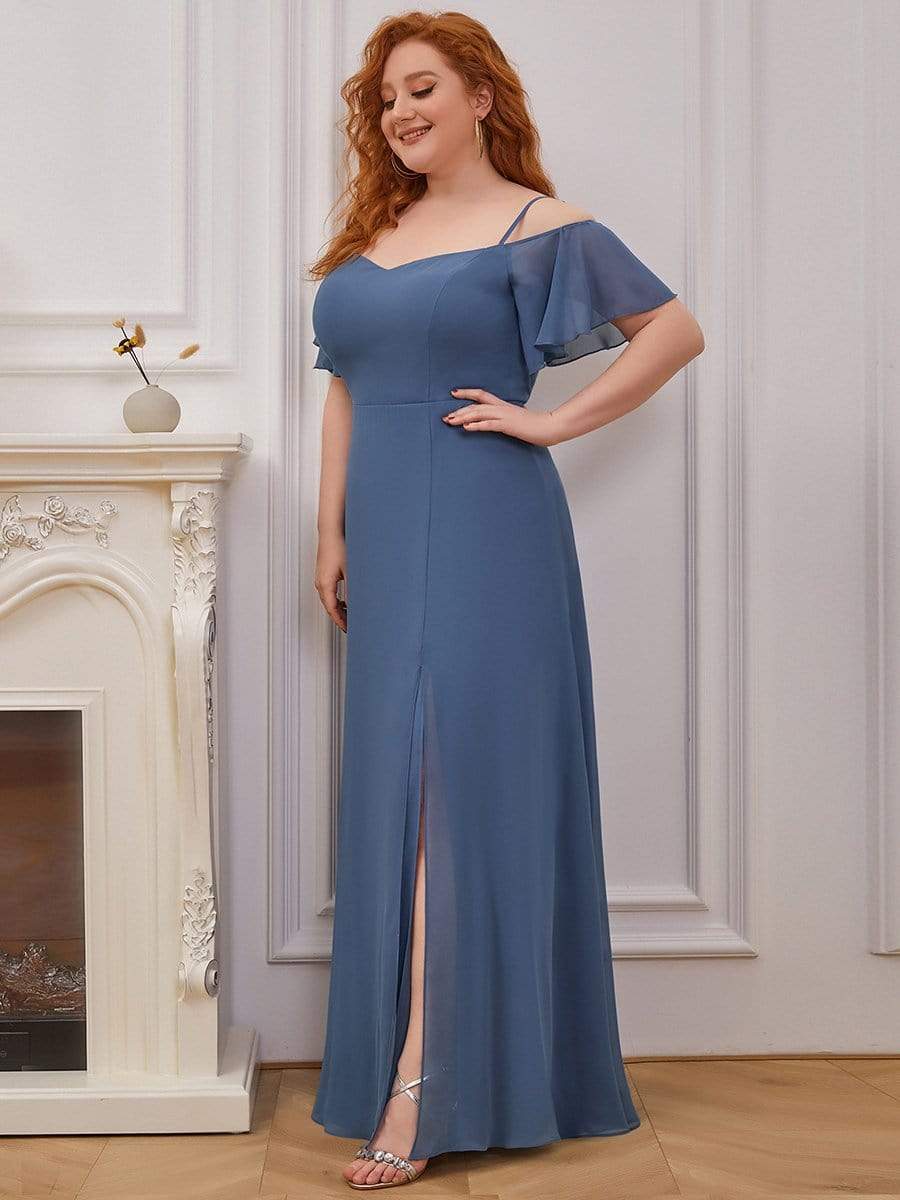 Plus Size Cold Shoulder Maxi Dress with Side Slit #color_Dusty Blue