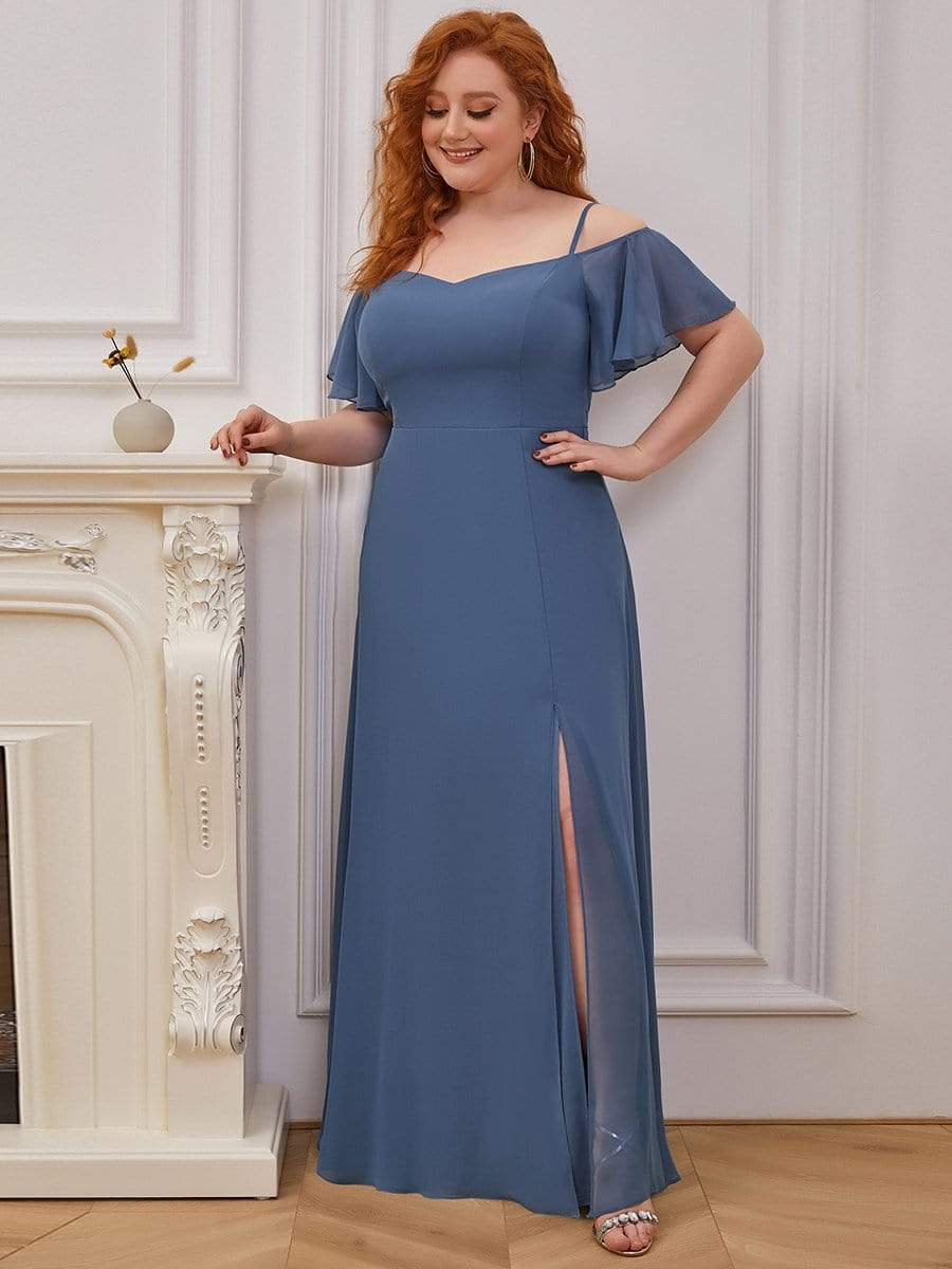 Plus Size Cold Shoulder Maxi Dress with Side Slit #color_Dusty Blue