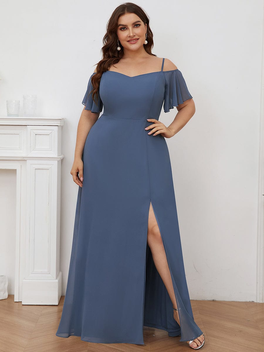 Plus Size Cold Shoulder Maxi Dress with Side Slit #color_Dusty Blue