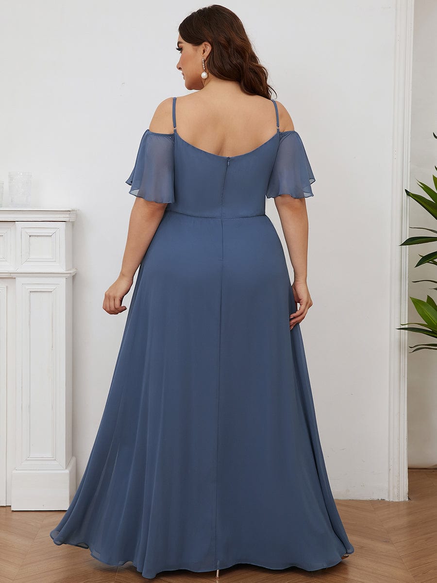 Plus Size Cold Shoulder Maxi Dress with Side Slit #color_Dusty Blue