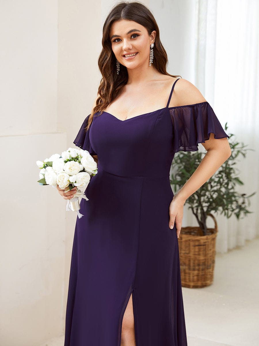 Plus Size Cold Shoulder Maxi Dress with Side Slit #color_Dark Purple