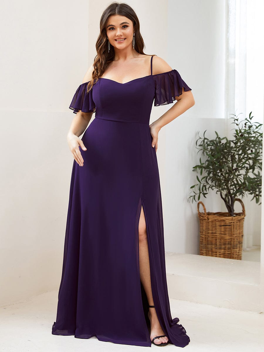 Plus Size Cold Shoulder Maxi Dress with Side Slit #color_Dark Purple