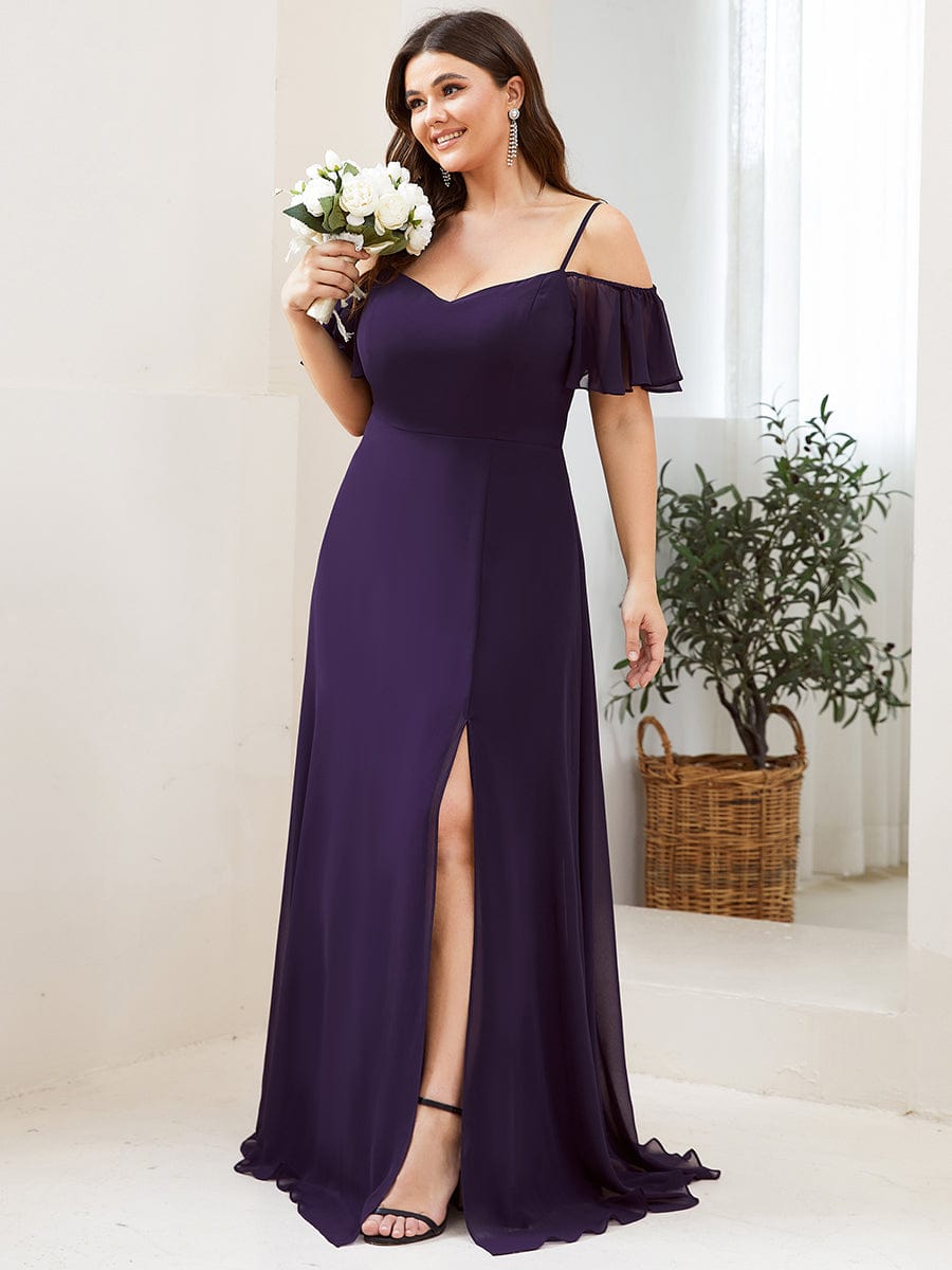 Plus Size Cold Shoulder Maxi Dress with Side Slit #color_Dark Purple