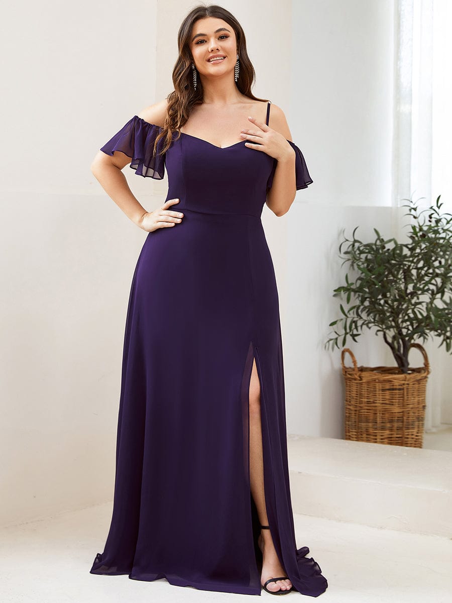 Plus Size Cold Shoulder Maxi Dress with Side Slit #color_Dark Purple