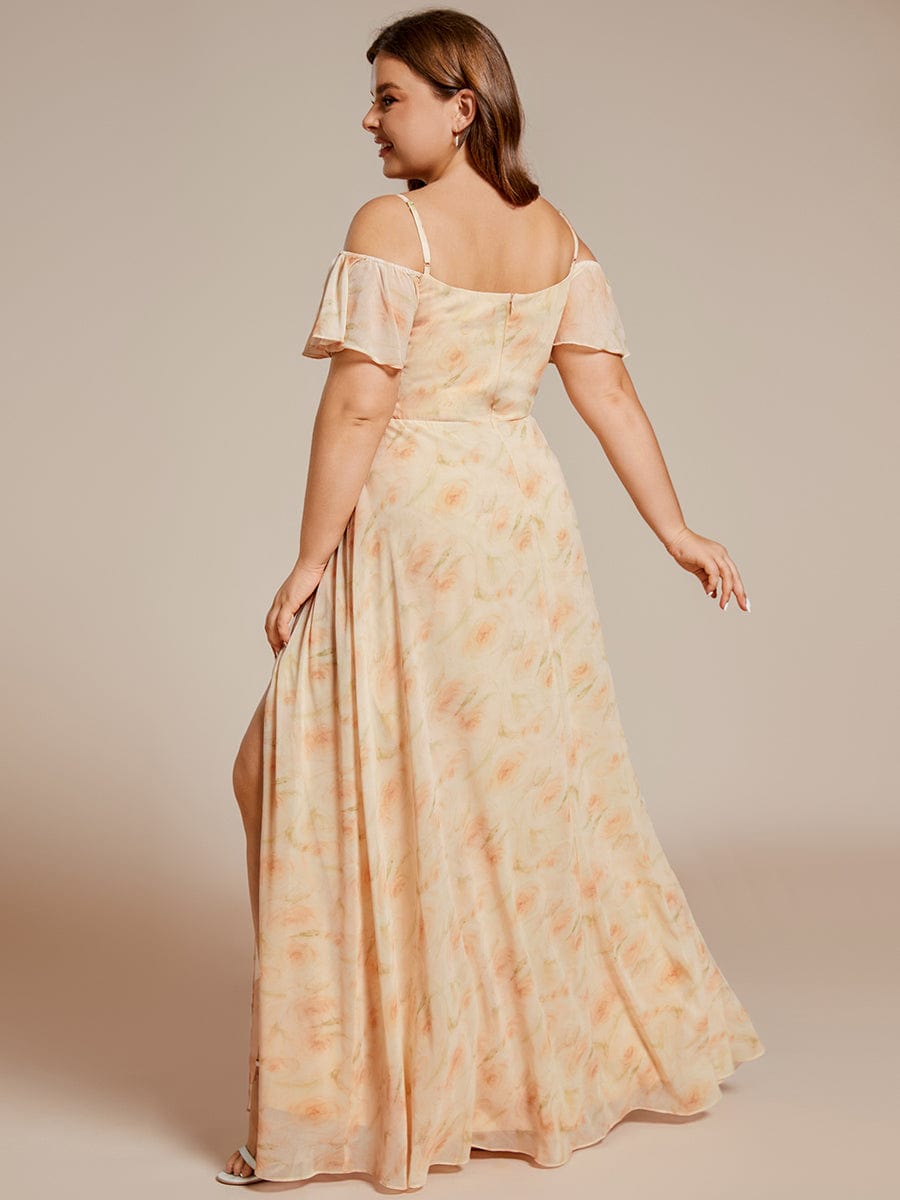 Plus Size Cold Shoulder Maxi Dress with Side Slit #color_Golden Roses