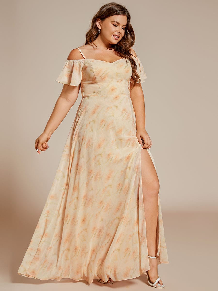 Plus Size Cold Shoulder Maxi Dress with Side Slit #color_Golden Roses