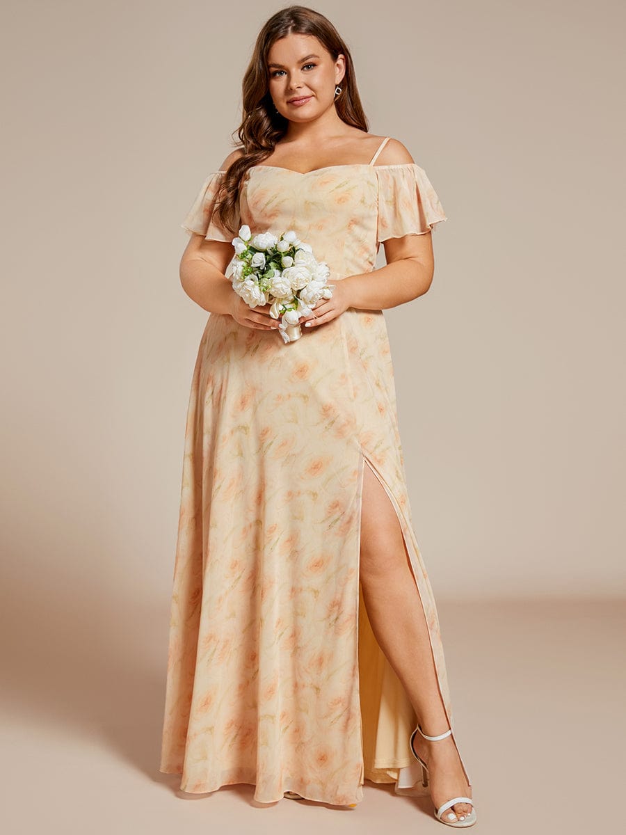 Plus Size Cold Shoulder Maxi Dress with Side Slit #color_Golden Roses