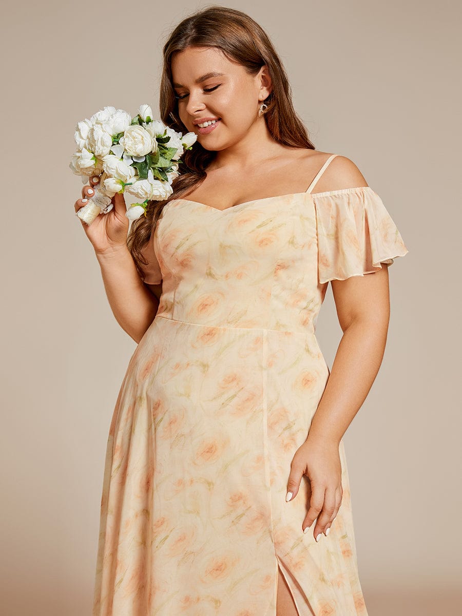 Plus Size Cold Shoulder Maxi Dress with Side Slit #color_Golden Roses