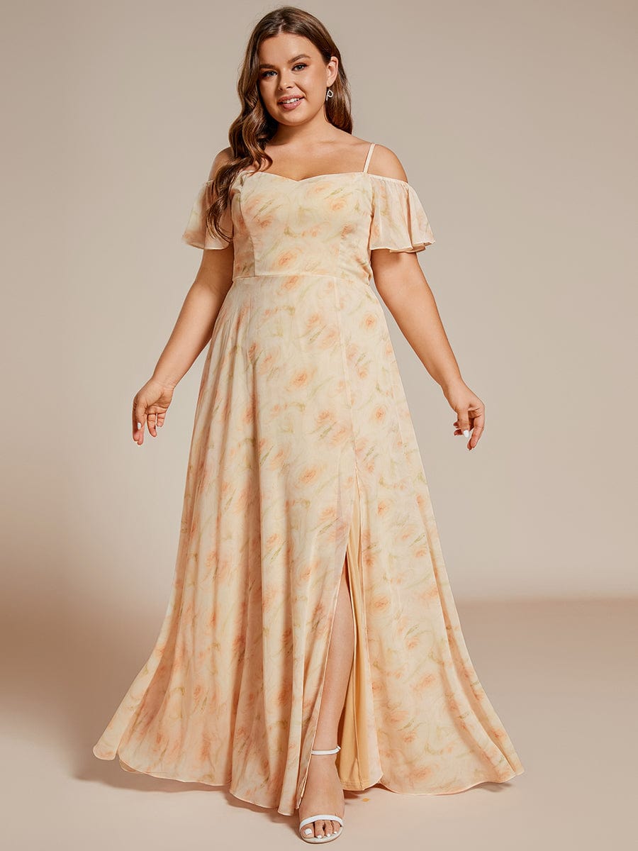 Plus Size Cold Shoulder Maxi Dress with Side Slit #color_Golden Roses