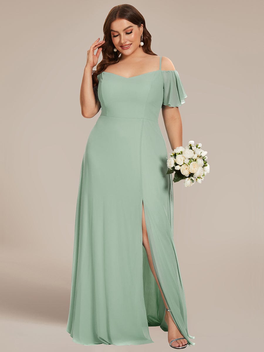 Plus Size Cold Shoulder Maxi Dress with Side Slit #color_Sage Green