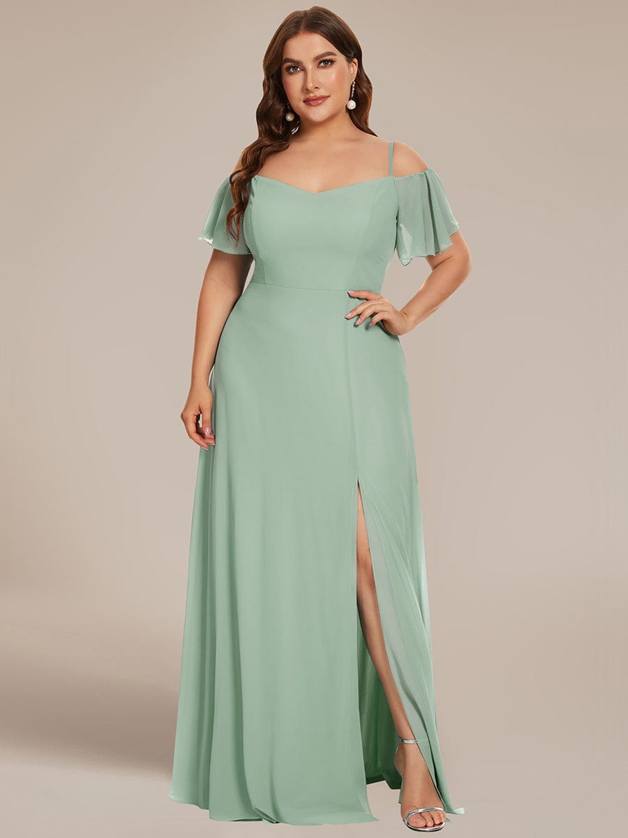 Plus Size Cold Shoulder Maxi Dress with Side Slit #color_Sage Green