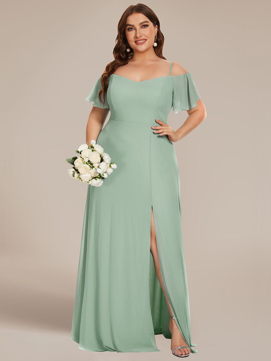 Plus Size Cold Shoulder Maxi Dress with Side Slit #color_Sage Green