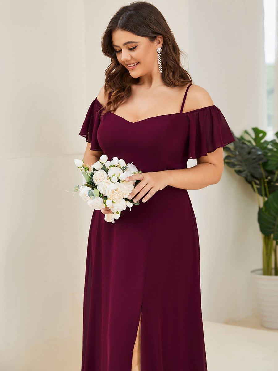 Plus Size Cold Shoulder Maxi Dress with Side Slit #color_Mulberry