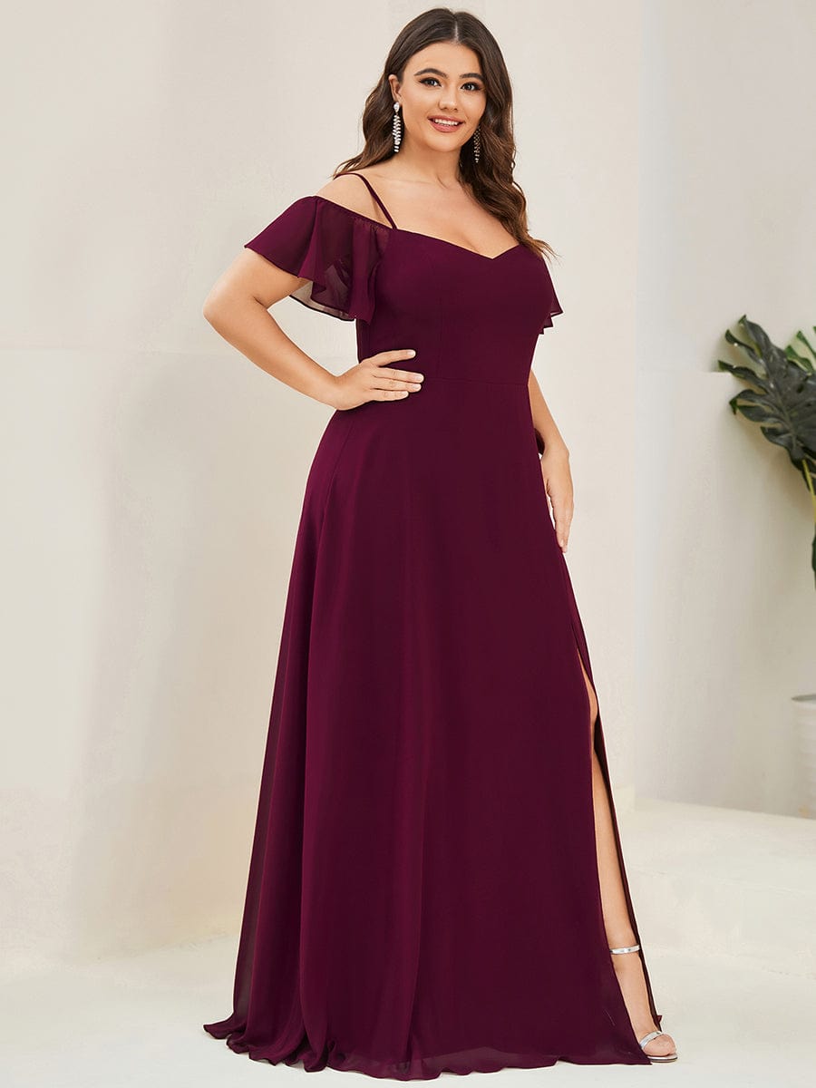 Plus Size Cold Shoulder Maxi Dress with Side Slit #color_Mulberry