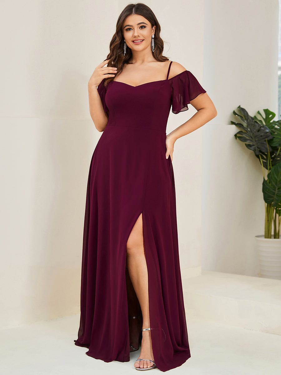 Plus Size Cold Shoulder Maxi Dress with Side Slit #color_Mulberry