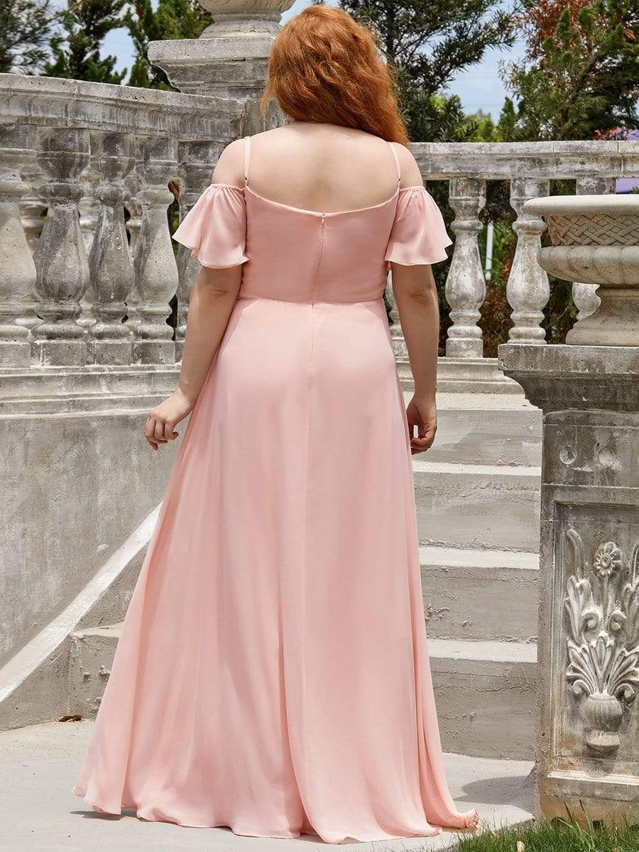 Plus Size Cold Shoulder Maxi Dress with Side Slit #color_Pink