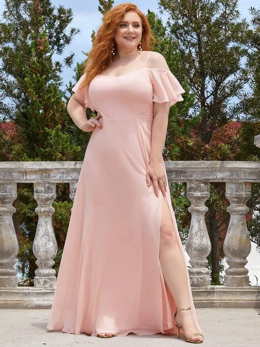 Plus Size Cold Shoulder Maxi Dress with Side Slit #color_Pink