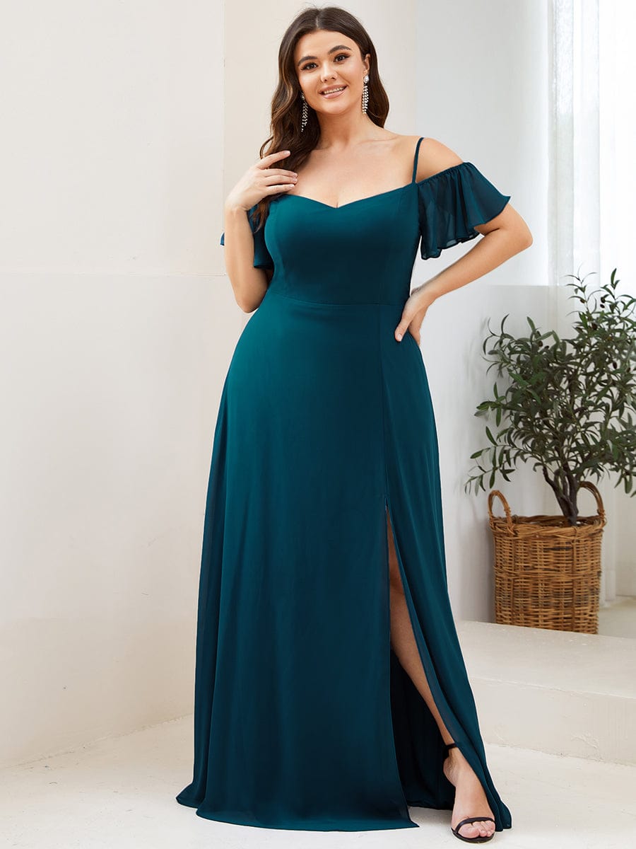 Plus Size Cold Shoulder Maxi Dress with Side Slit #color_Teal