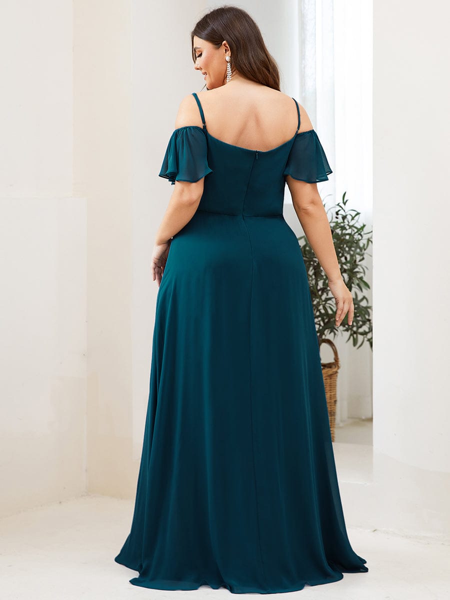 Plus Size Cold Shoulder Maxi Dress with Side Slit #color_Teal