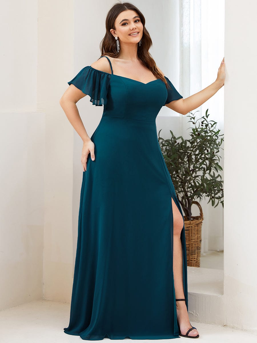 Plus Size Cold Shoulder Maxi Dress with Side Slit #color_Teal