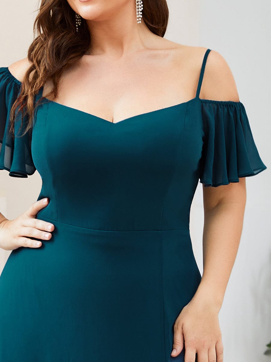 Plus Size Cold Shoulder Maxi Dress with Side Slit #color_Teal