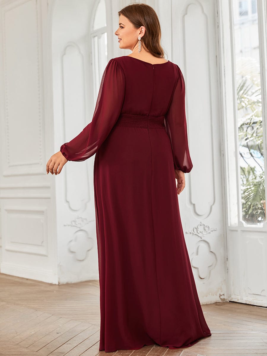 Plus Size Long Puff Sleeve Chiffon Maxi Dress #color_Burgundy