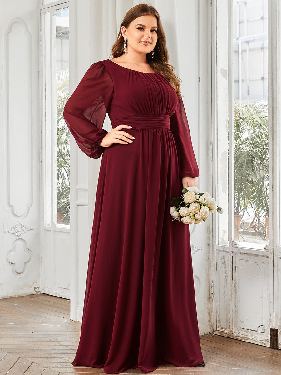 Plus Size Long Puff Sleeve Chiffon Maxi Dress #color_Burgundy