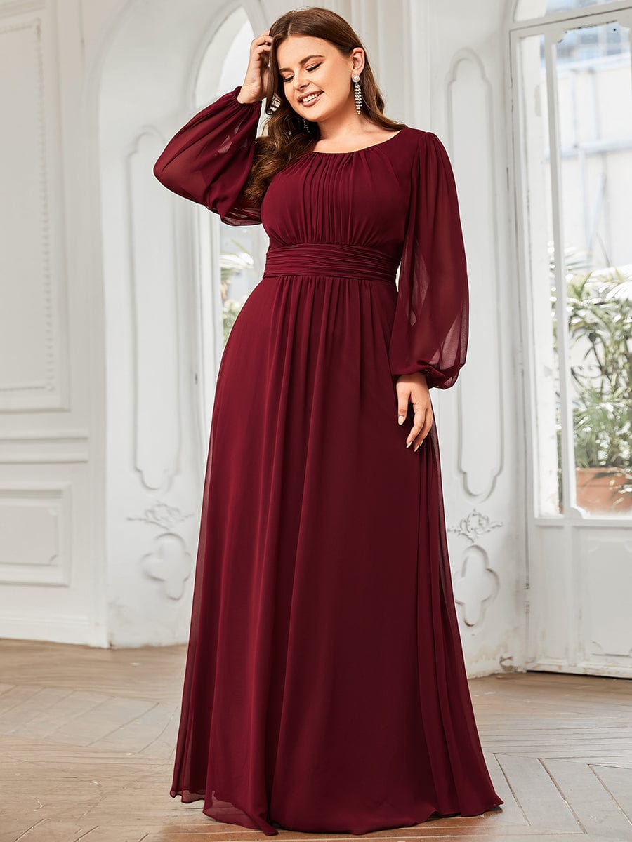 Plus Size Long Puff Sleeve Chiffon Maxi Dress #color_Burgundy