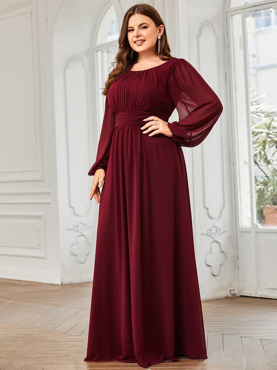 Plus Size Long Puff Sleeve Chiffon Maxi Dress #color_Burgundy