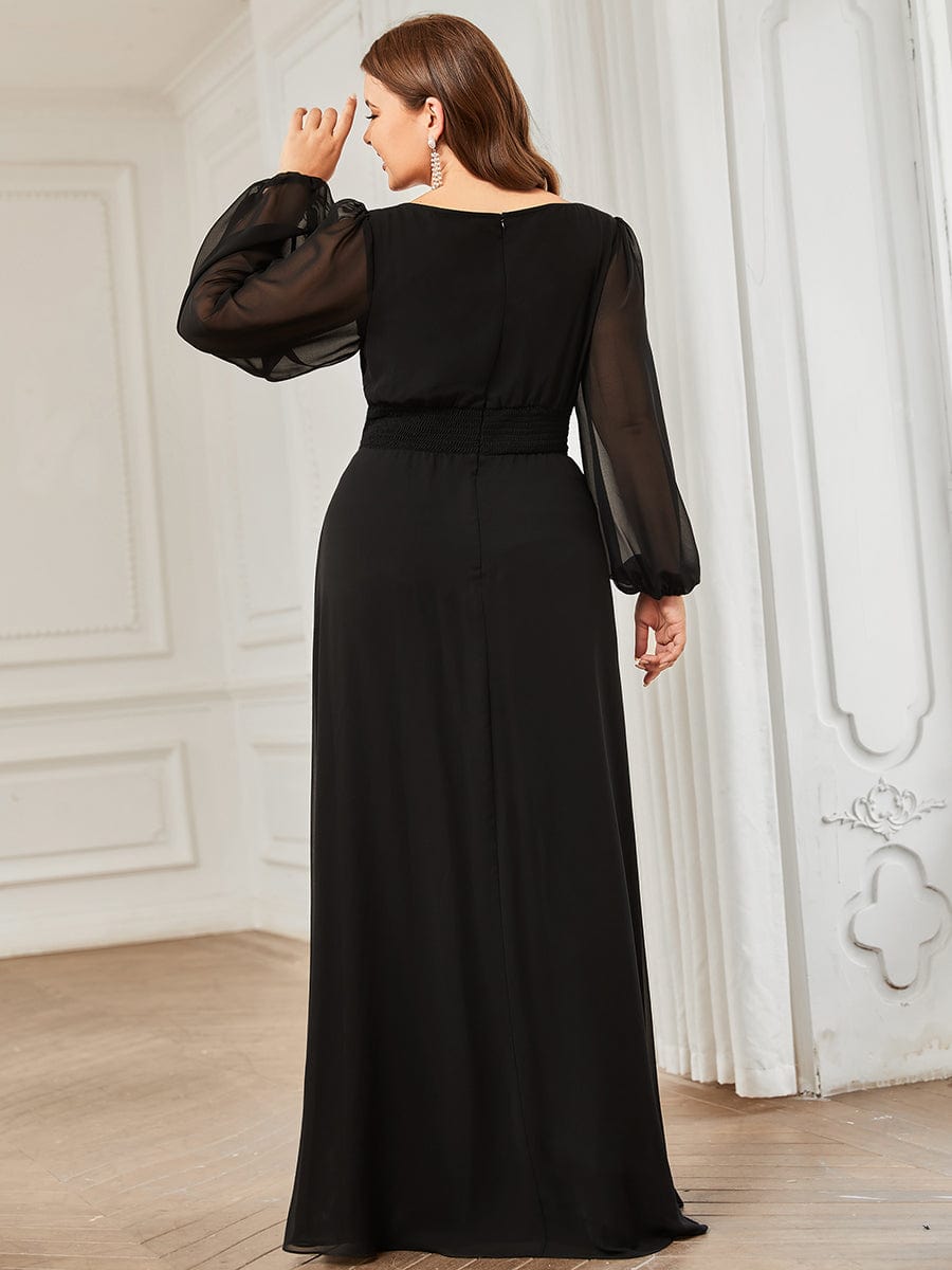 Plus Size Long Puff Sleeve Chiffon Maxi Dress #color_Black