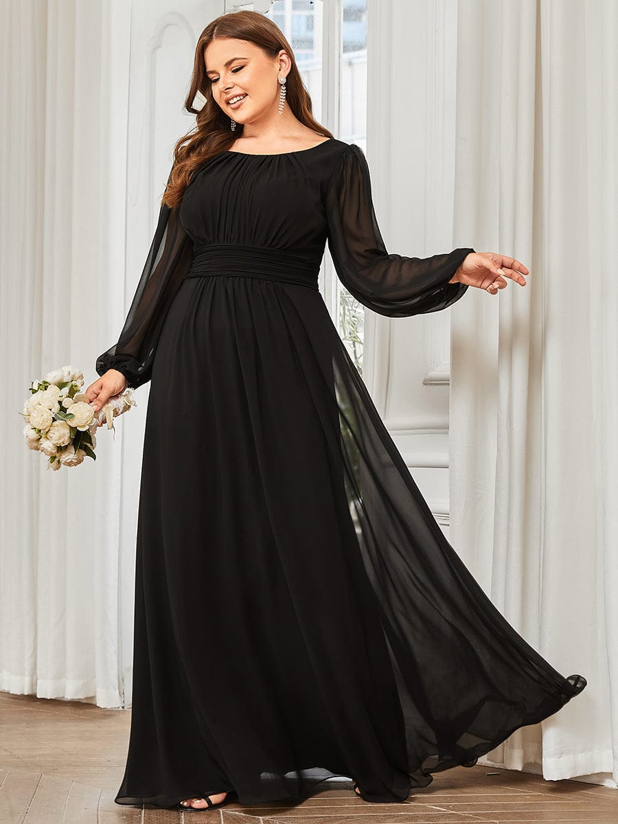 Plus Size Long Puff Sleeve Chiffon Maxi Dress #color_Black